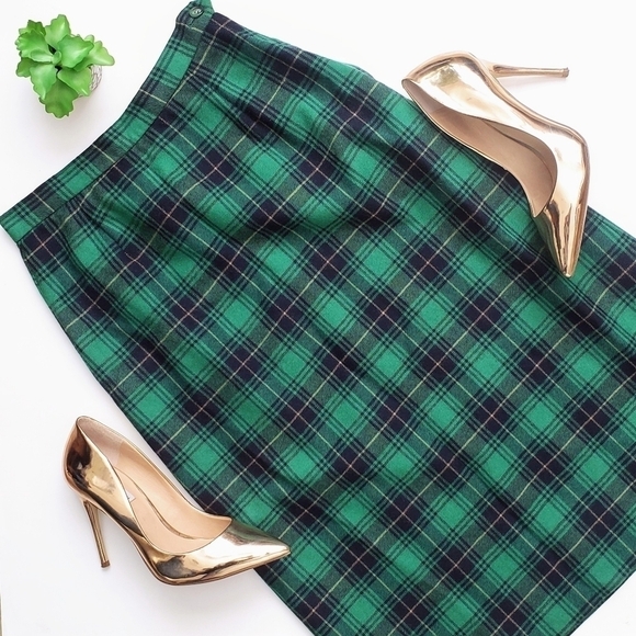 Vintage Dresses & Skirts - Vintage Lady Halrin Green Tartan Wool Plaid Midi Skirt Size S